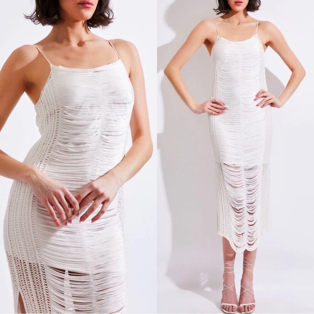 PATBO Draped Fringe White Midi Dress Size Small